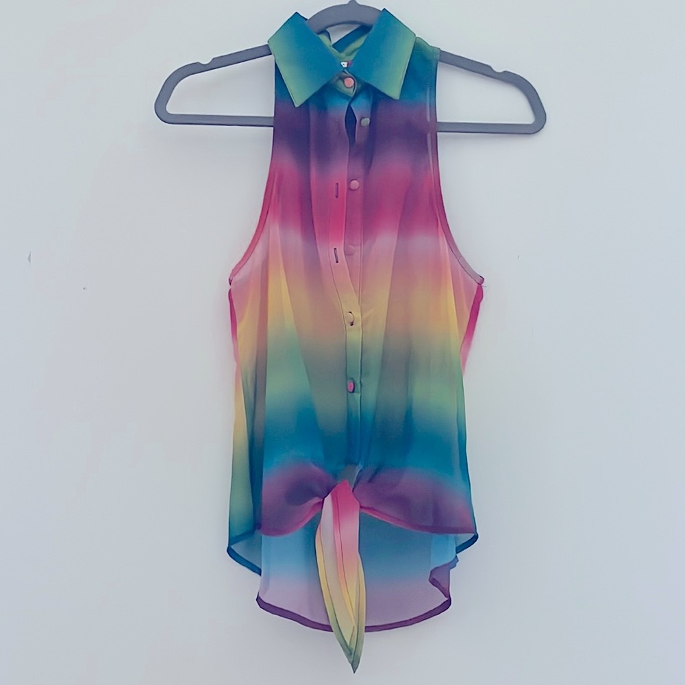 Rainbow sheer button down tank - small - tie bottom